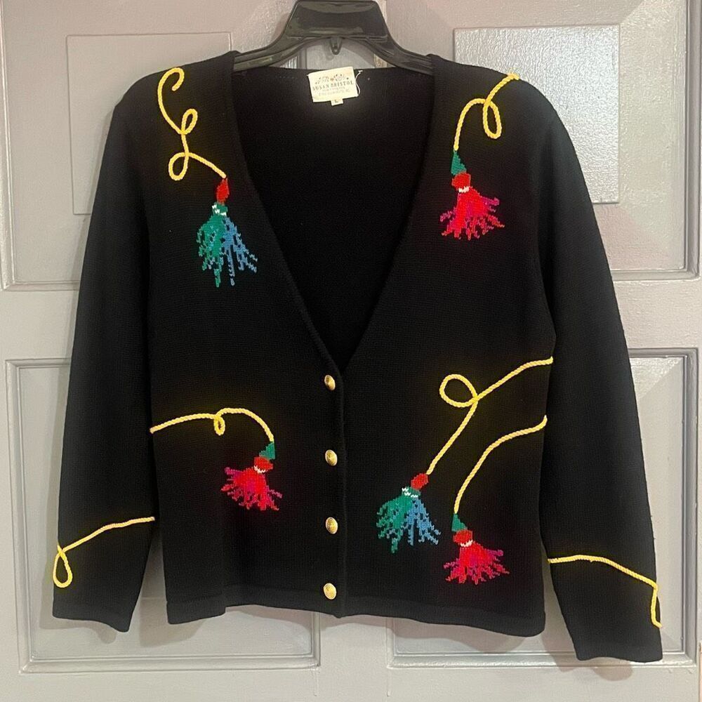 Susan Bristol Tassel Wool Blend Cardigan Grandma Core Y2K Gold Button Sweater Sz